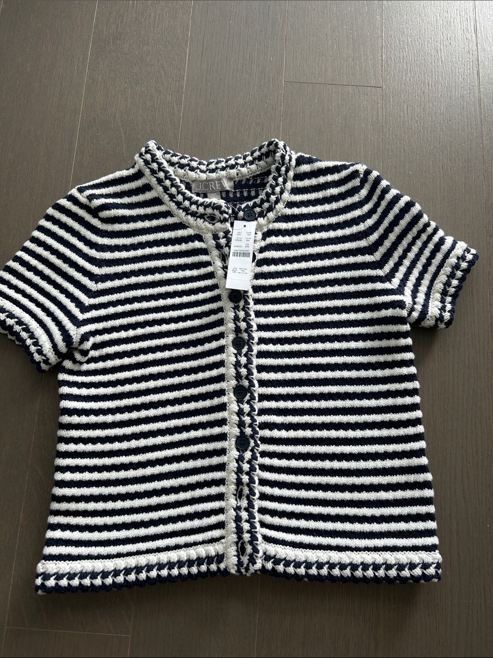 J. Crew Navy and White Short-Sleeve Striped Knit Cardigan